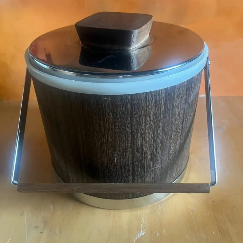 Vintage Kromex MCM Ice Bucket With Faux Wood, Stainless Lid & Wooden Handle